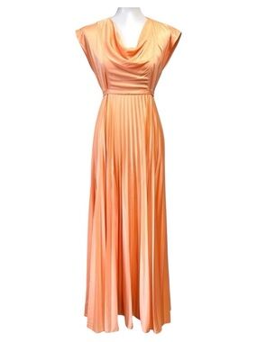 Vintage Retro Coral Sateen Draped Cowl Neck Pleated Skirt Goddess Maxi Dress
